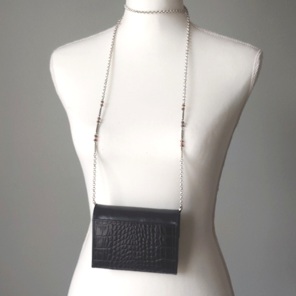 Brighton | Black Leather Beaded Chain Crossbody Purse - Picture 2 of 11